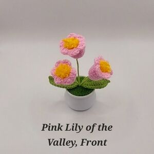 Crocheted Handmade Spring Flowers In Mini Pot W/Grass, Pink Lily Of The Valley